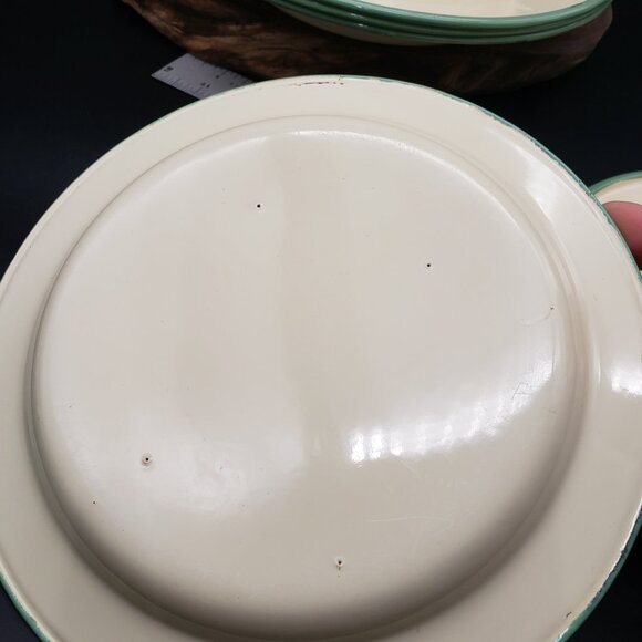 Vintage Kockums Sweden Enamelware Set 3 Bowls & 3 Plates Green Rim Scandinavian - Picture 8 of 15